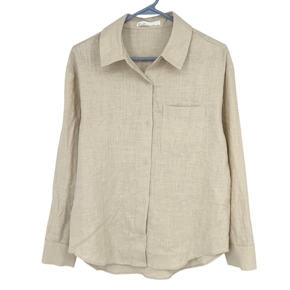OAK + FORT Tops - Oak + Fort Womens Beige Linen Blend Button Down Shirt Long Sleeve Relaxed Fit S